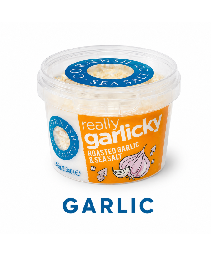 Sól morska w płatkach z czosnkiem-55g. Cornish Sea Salt Flakes.